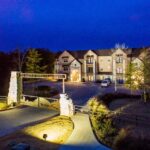 Night view of The Ranch at Riverside Parkway apartment complex in College Station, TX.